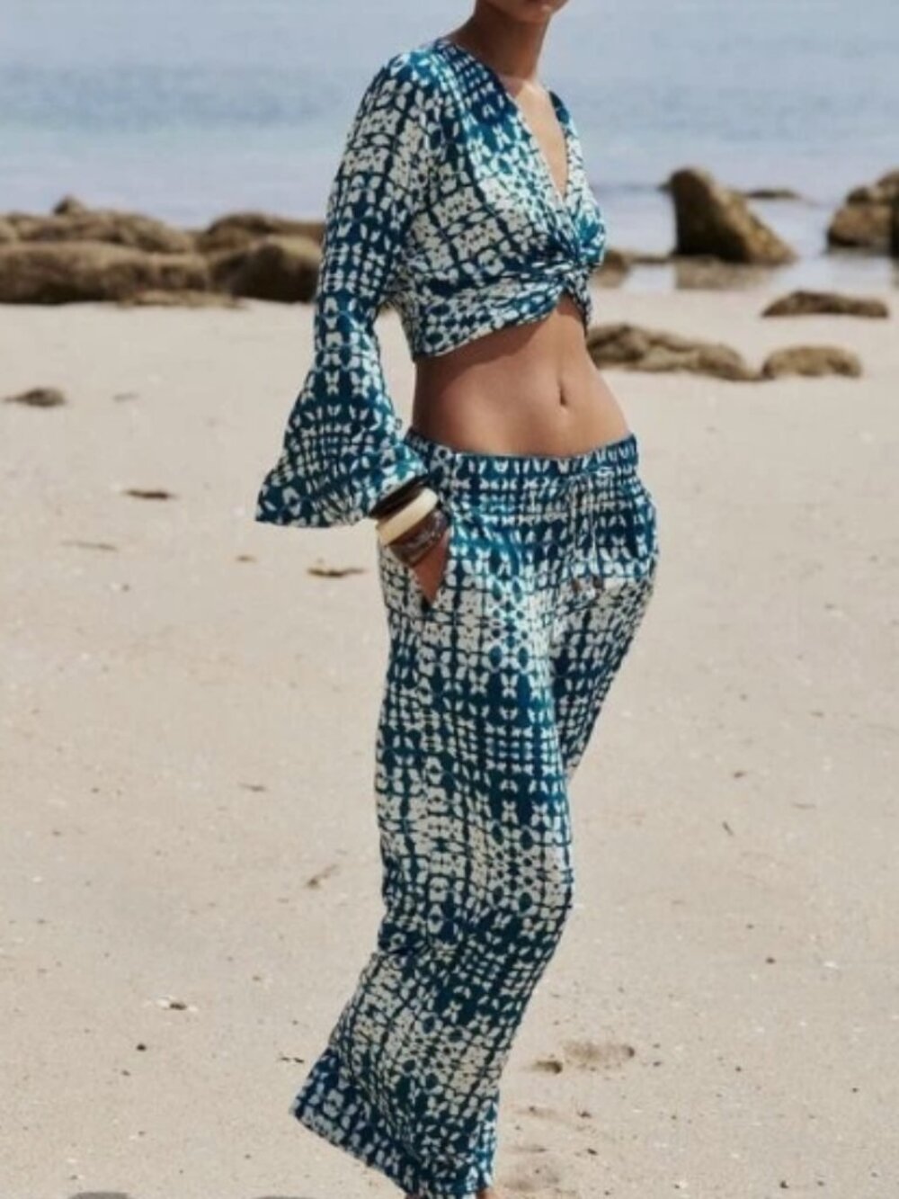 NWT ZARA PRINT TOP WITH KNOT & WIDE LEG PANTS SET M W/ Defect